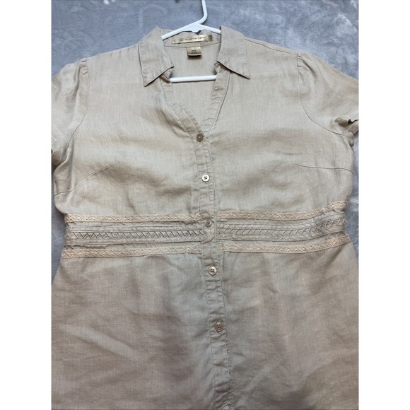 Ecologie Linen Shirt Top Womens ML Tan Short Sleeve Button Up Coastal Lagenlook - Picture 5 of 7